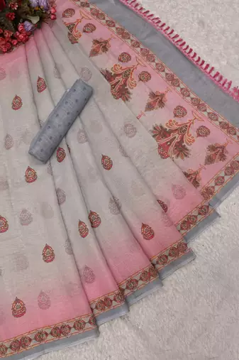 pink white shimmer handloom cotton blend saree floral print