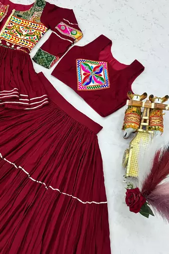 Maroon Cotton Mirror & Gamthi Work Lehenga Choli Set