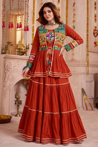 Orange Cotton Mirror & Gamthi Work Lehenga Choli Set
