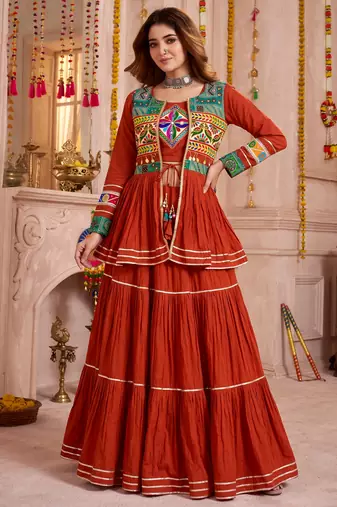 Orange Cotton Mirror & Gamthi Work Lehenga Choli Set