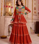Orange Cotton Mirror & Gamthi Work Lehenga Choli Set