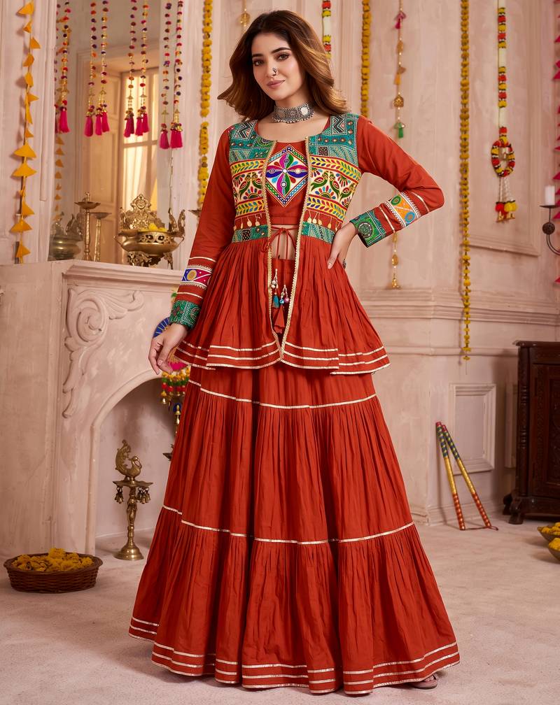 Orange Cotton Mirror & Gamthi Work Lehenga Choli Set