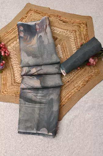 grey blue shimmer handloom cotton blend saree with floral print