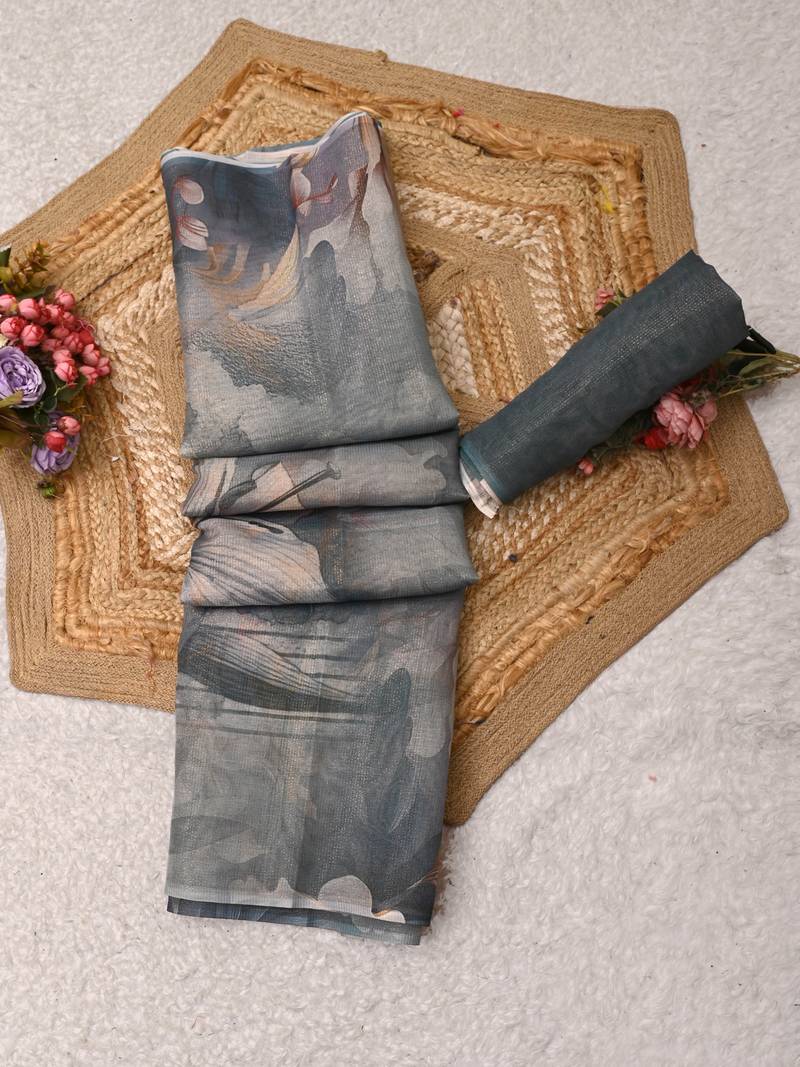 grey blue shimmer handloom cotton blend saree with floral print (t sfshmr36)