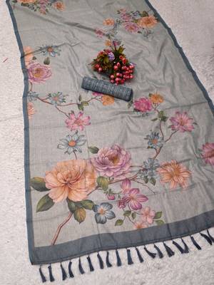 sea green shimmer handloom cotton blend saree with floral print 3