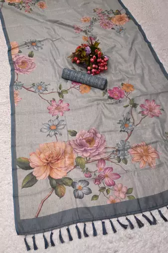 sea green shimmer handloom cotton blend saree with floral print