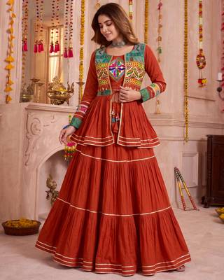Orange Cotton Mirror & Gamthi Work Lehenga Choli Set 2