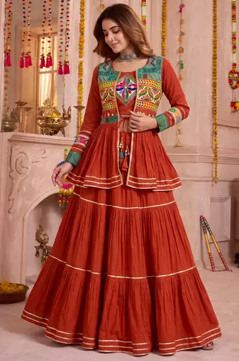 Orange Cotton Mirror & Gamthi Work Lehenga Choli Set