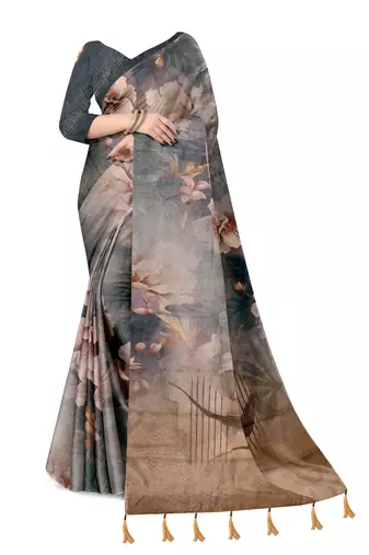 grey blue shimmer handloom cotton blend saree with floral print