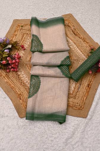 beige green shimmer handloom cotton blend saree with floral print (t sfshmr35)