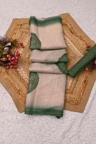 beige green shimmer handloom cotton blend saree with floral print