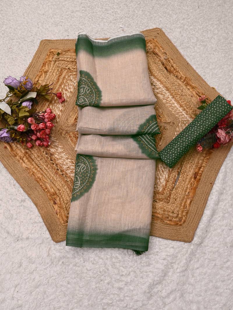 beige green shimmer handloom cotton blend saree with floral print (t sfshmr35)