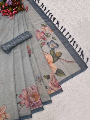 sea green shimmer handloom cotton blend saree with floral print 4