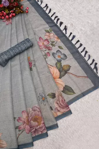 sea green shimmer handloom cotton blend saree with floral print