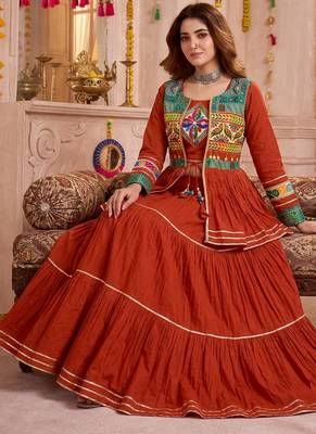 Orange Cotton Mirror & Gamthi Work Lehenga Choli Set 3