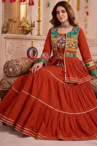 Orange Cotton Mirror & Gamthi Work Lehenga Choli Set