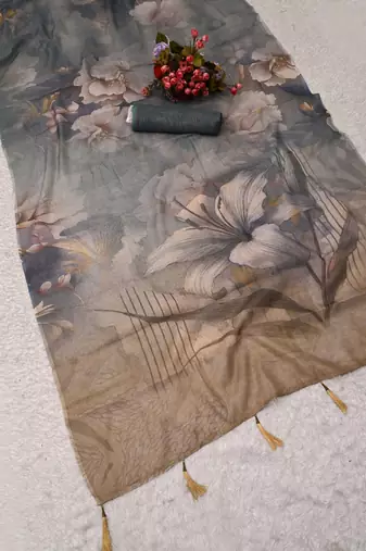 grey blue shimmer handloom cotton blend saree with floral print