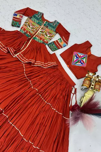 Orange Cotton Mirror & Gamthi Work Lehenga Choli Set