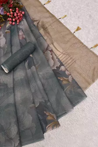 grey blue shimmer handloom cotton blend saree with floral print