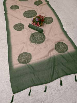 beige green shimmer handloom cotton blend saree with floral print (t sfshmr35) 3