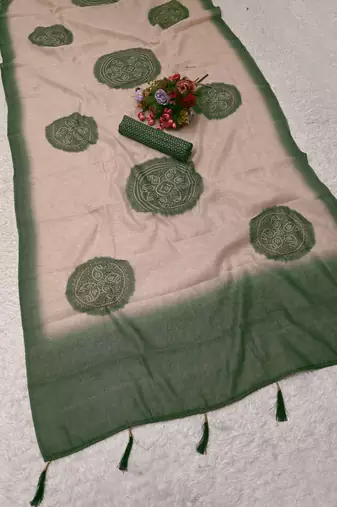 beige green shimmer handloom cotton blend saree with floral print