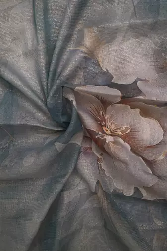 grey blue shimmer handloom cotton blend saree with floral print