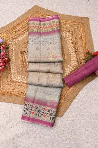 sea green pink shimmer handloom cotton blend digital print saree