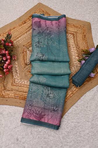 turquoise pink shimmer handloom cotton blend saree floral print