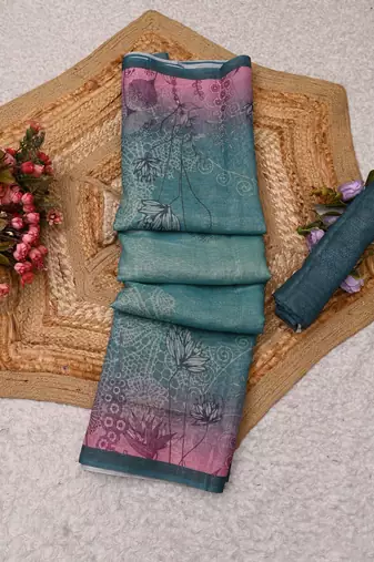 turquoise pink shimmer handloom cotton blend saree floral print