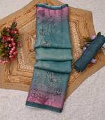 turquoise pink shimmer handloom cotton blend saree floral print