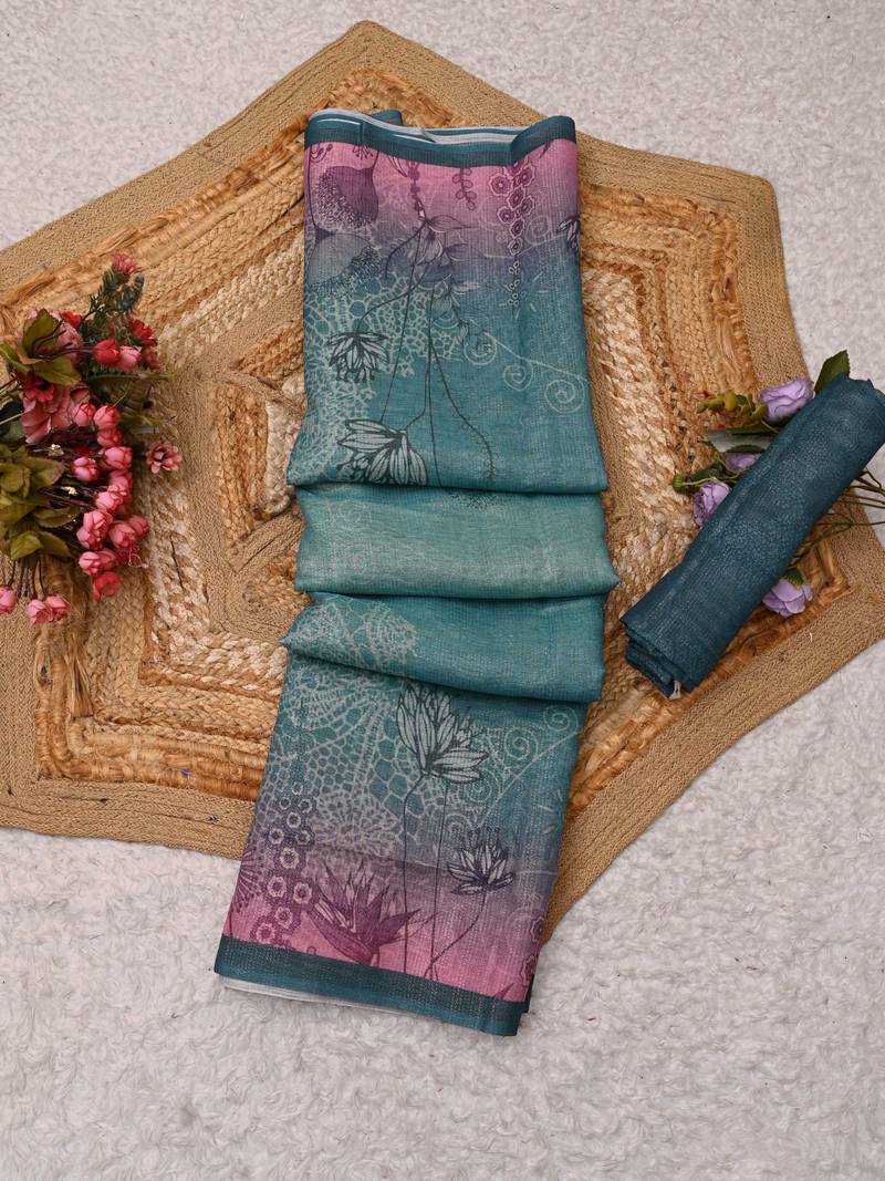 turquoise pink shimmer handloom cotton blend saree floral print (t sfshmr32)