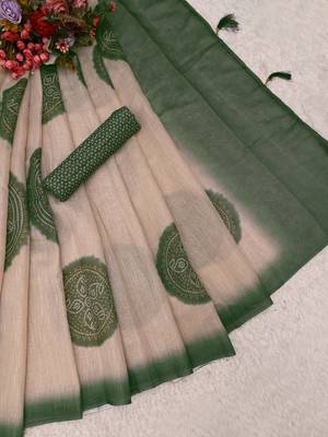beige green shimmer handloom cotton blend saree with floral print (t sfshmr35) 4