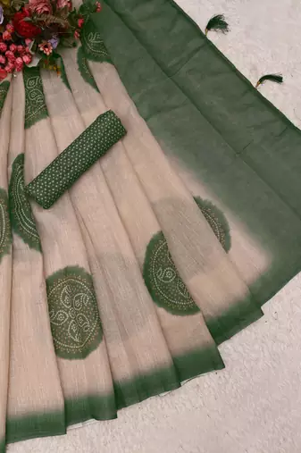 beige green shimmer handloom cotton blend saree with floral print