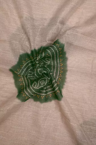 beige green shimmer handloom cotton blend saree with floral print