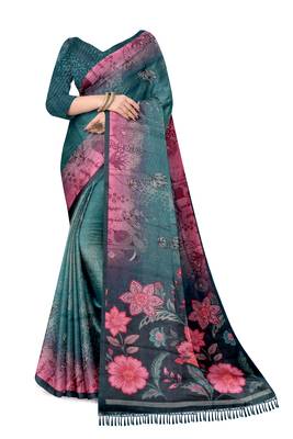turquoise pink shimmer handloom cotton blend saree floral print 2