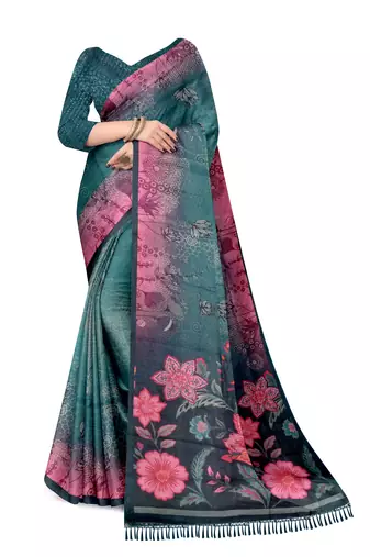 turquoise pink shimmer handloom cotton blend saree floral print