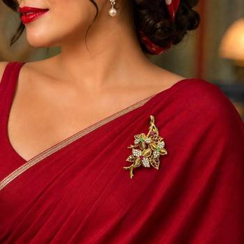 Vintage Floral Brooch, Gold Tone Indian Saree Pin, Kundan Style Wedding Jewelry 1