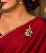 Vintage Floral Brooch, Gold Tone Indian Saree Pin, Kundan Style Wedding Jewelry