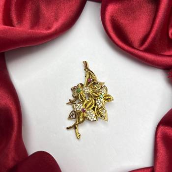 Vintage Floral Brooch, Gold Tone Indian Saree Pin, Kundan Style Wedding Jewelry 2