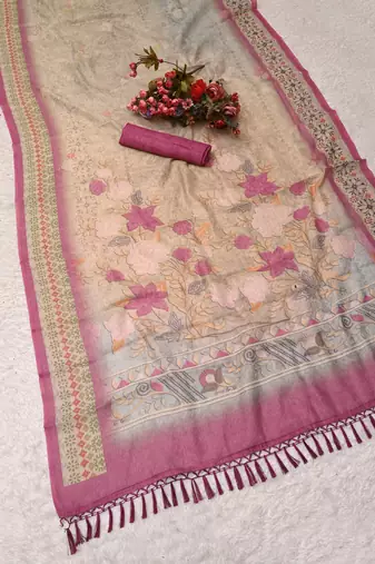 sea green pink shimmer handloom cotton blend digital print saree