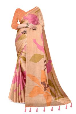 peach pink shimmer handloom cotton blend saree floral print 2