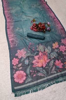 turquoise pink shimmer handloom cotton blend saree floral print 3