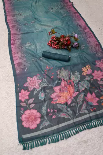 turquoise pink shimmer handloom cotton blend saree floral print