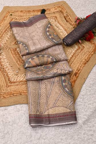 beige shimmer handloom cotton blend saree with floral print (t sfshmr29)