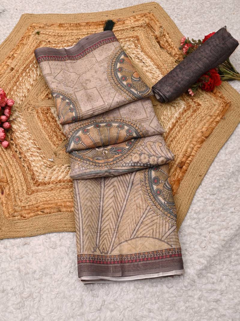 beige shimmer handloom cotton blend saree with floral print (t sfshmr29)