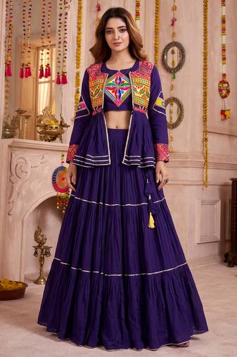 Purple Cotton Mirror & Gamthi Work Lehenga Choli Set