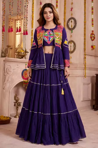 Purple Cotton Mirror & Gamthi Work Lehenga Choli Set