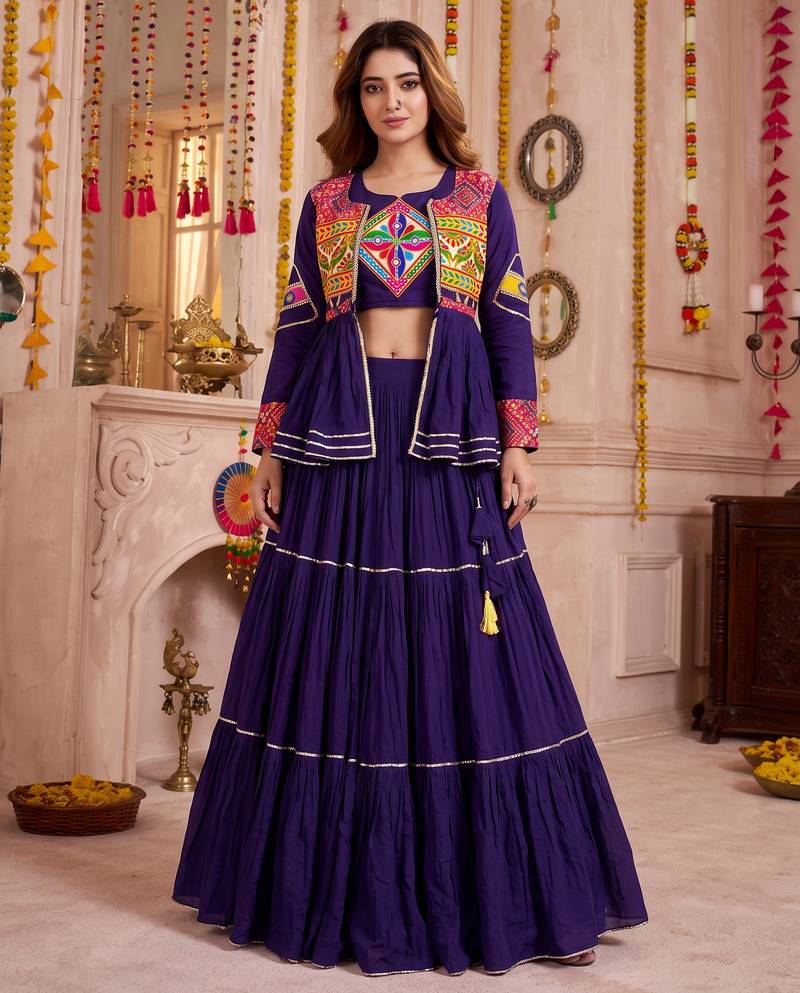 Purple Cotton Mirror & Gamthi Work Lehenga Choli Set