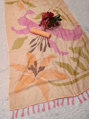peach pink shimmer handloom cotton blend saree floral print 3