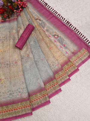 sea green pink shimmer handloom cotton blend digital print saree 4